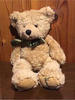 Harrods Cream-Tan Teddy Bear with Green Satin Bow